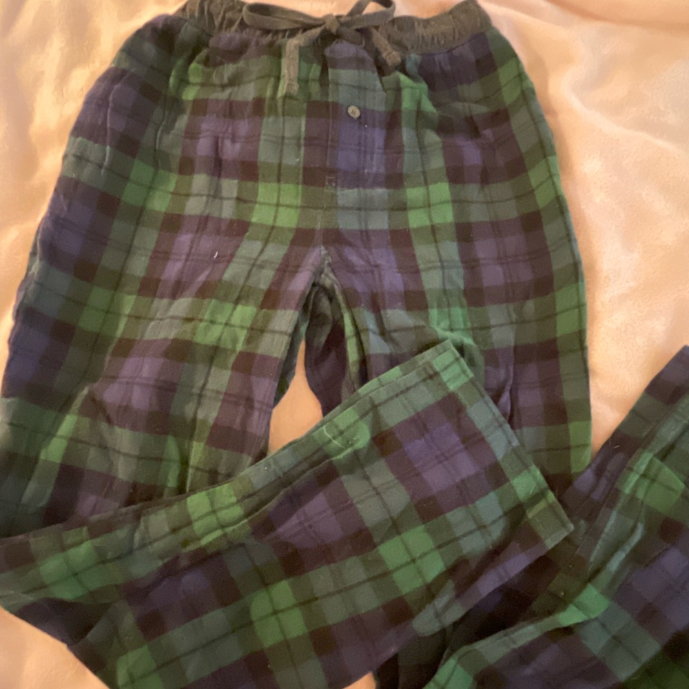 green, blue, and back plaid pajama pants, size small
